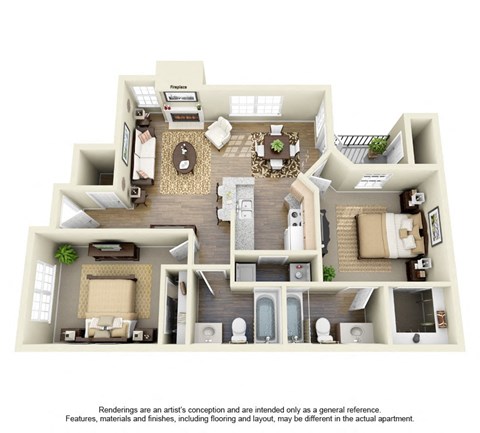 Floor plan for 2 beds, 2 baths, 902 sqft